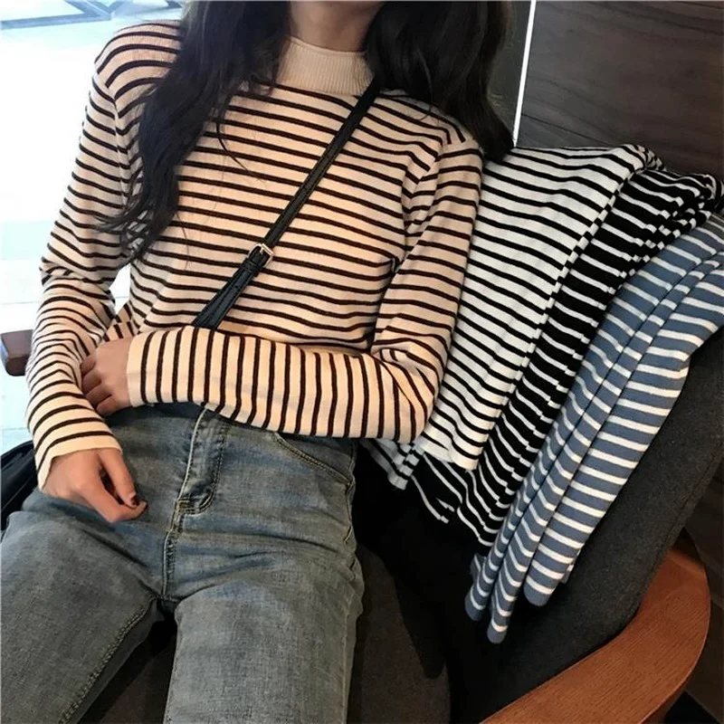 Long Sleeve Women's T-shirts Clothes Tops Elegant Striped Autumn Pulovers Casual Knitting Half High Collar Korean Fashion
Long Sleeve Women's T-shirts Clothes Tops Elegant Striped Autumn Pulovers Casual Knitting Half High Collar Korean Fashion