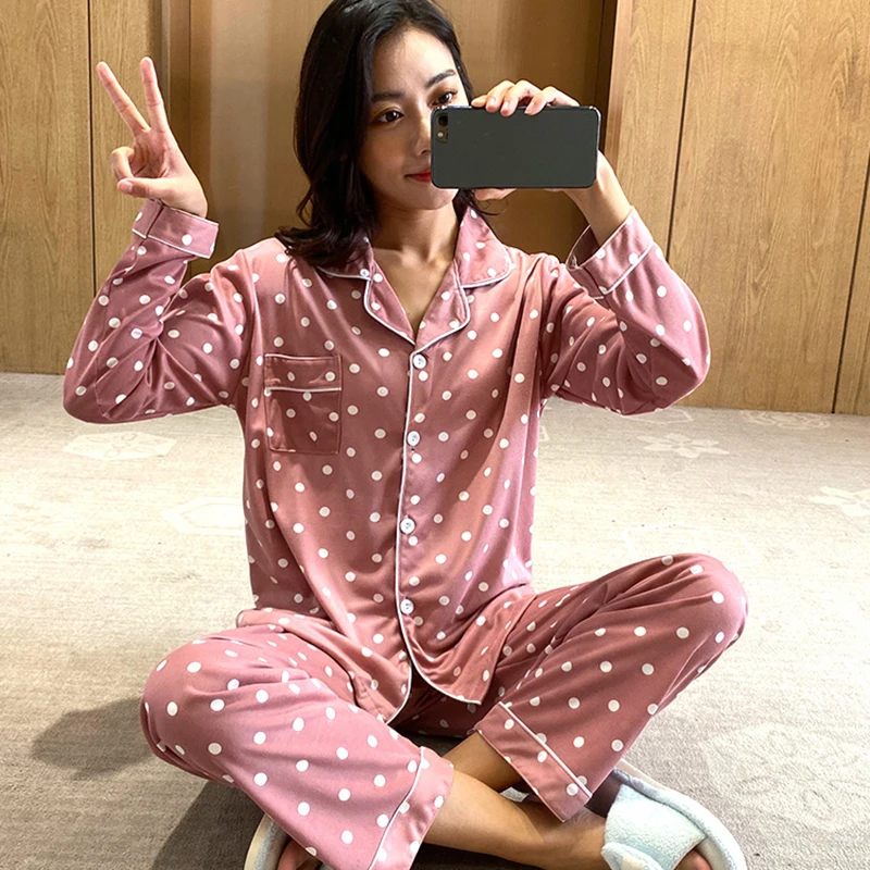 Sleepwear Pajamas Sets for Women Stripe Pyjama Suit Loose Leisure Spring Autumn Home Cloth Long-Sleeve Nightwear Polka Dot Plaid | Женская