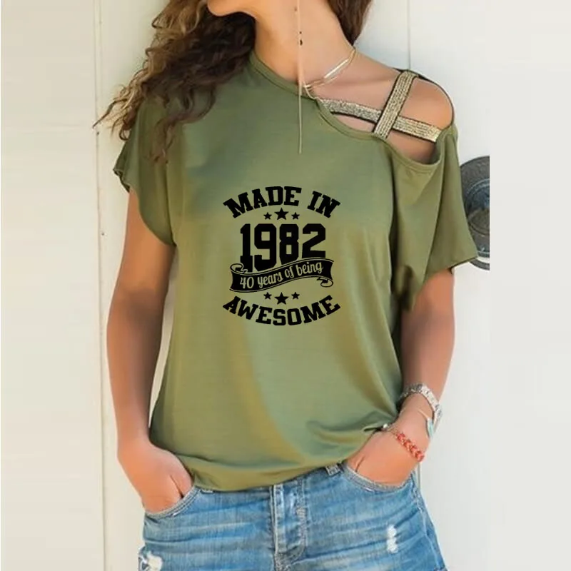 Женская футболка с косым вырезом свободная Асимметричная принтом 40 лет на лето