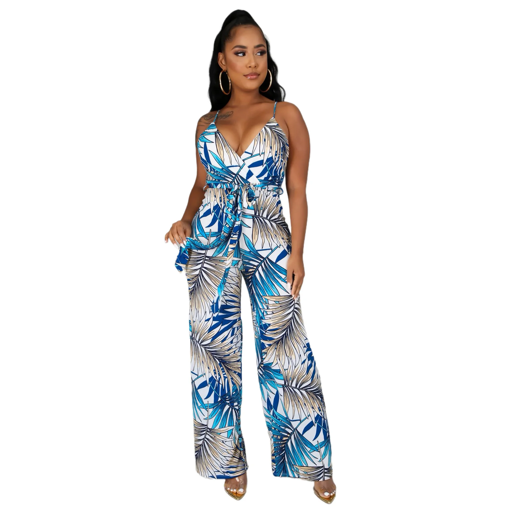 

Women's Casual Slim Floral Printed V-Neck Halter Camisole Sleeveless Jumpsuit
