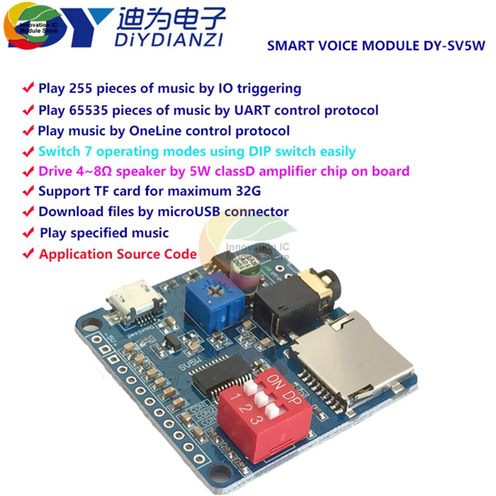 

Ziqqucu 5W Voice Playback Module Board MP3 Music Player SD/TF Card Integrated I/O Trigger UART Protocol Control for Arduino