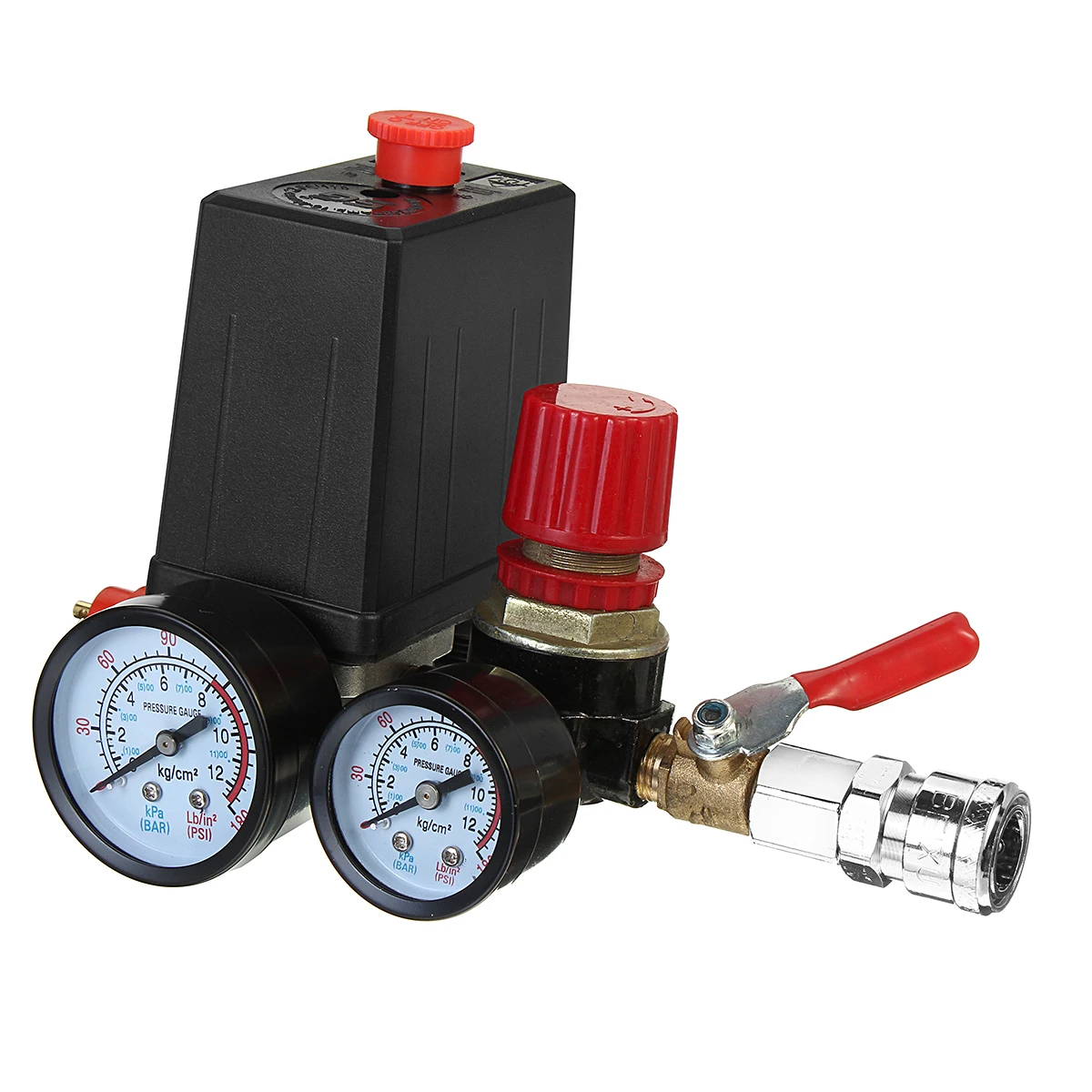 240V Air Compressor Pump Pressure Switch Manifold Regulator Air Pump Control Valve 120 PSI with Gauges Quick Connector
240V Air Compressor Pump Pressure Switch Manifold Regulator Air Pump Control Valve 120 PSI with Gauges Quick Connector