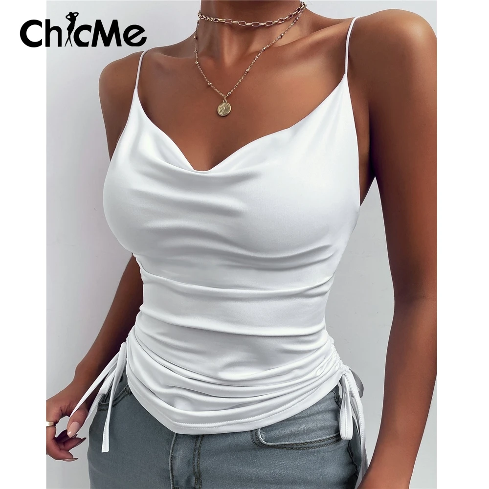 

Chicme Women Ruched Drawstring Cowl Neck Cami Top Femme White Sweetheart Neck Sleeveless Sexy Elegant Spaghetti Strap Tops