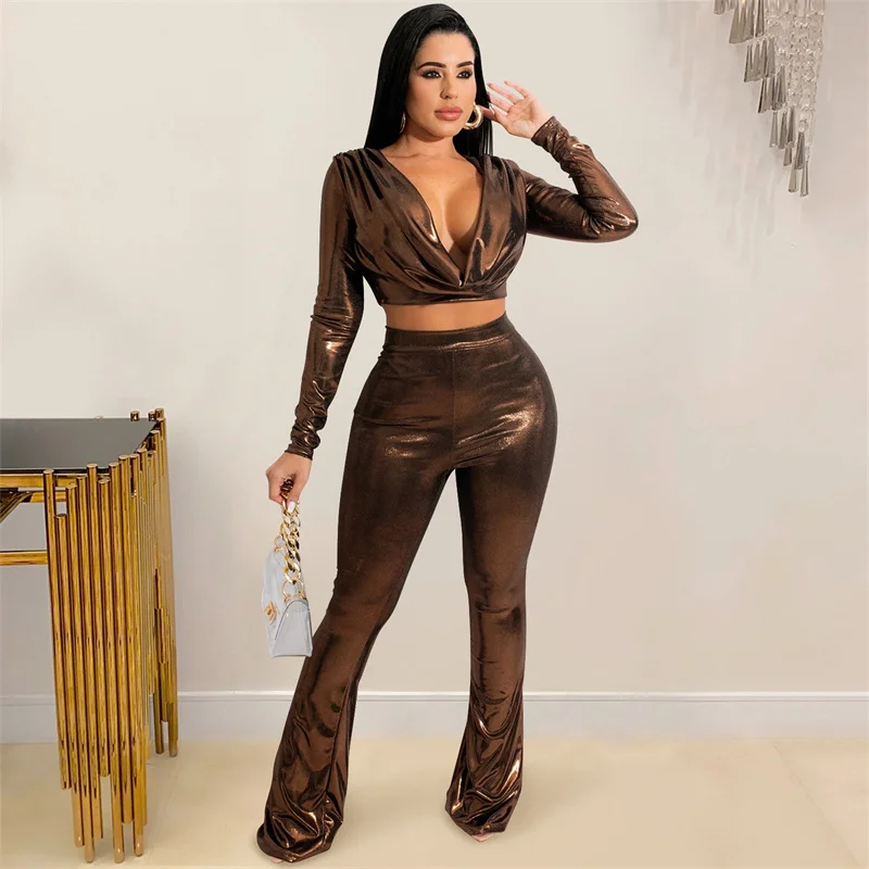 Sexy PU Faux Leather 2 Piece Set Women Elegant Party Club Outfits Ruched V-neck Crop Top Flare Pants Matching Sets
Sexy PU Faux Leather 2 Piece Set Women Elegant Party Club Outfits Ruched V-neck Crop Top Flare Pants Matching Sets