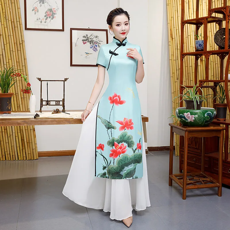 Женское длинное платье Ципао Ao Dai вечерние платья в китайском стиле с воротником