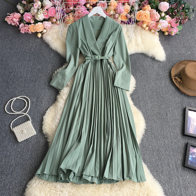 Korean Autumn Pleated Dresses Women Office Notched Collar Long Sleeve Dress Solid Lace Up Elegant Party Dress Vestido Feminino
Korean Autumn Pleated Dresses Women Office Notched Collar Long Sleeve Dress Solid Lace Up Elegant Party Dress Vestido Feminino