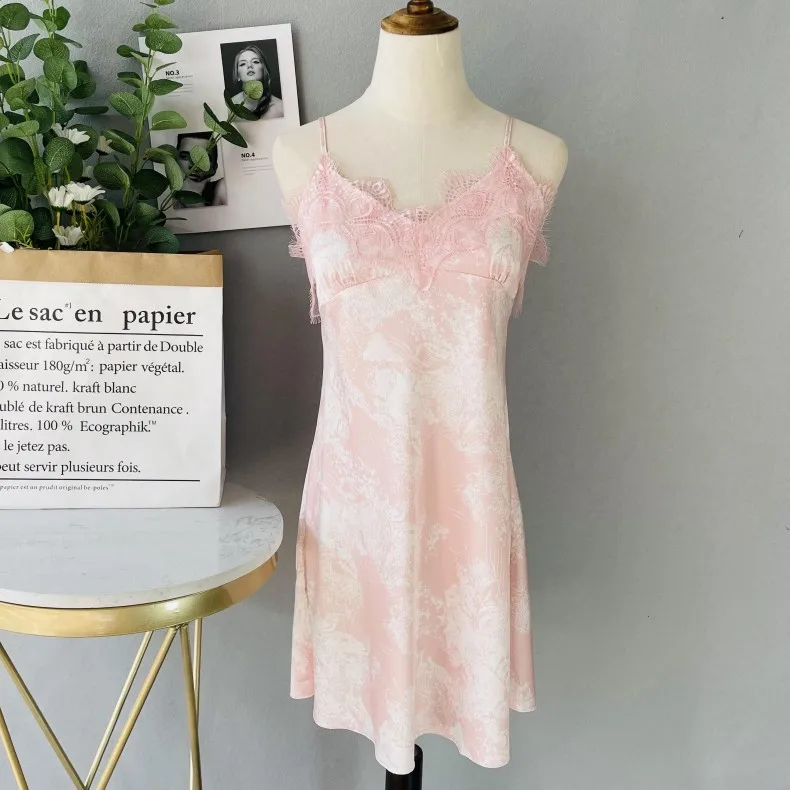 Sexy Print Flower Lace Nightgown Nightwear Female Suspender Nightdress Sleepwear Spring Summer Silk Satin Nightdress Home Dress
Sexy Print Flower Lace Nightgown Nightwear Female Suspender Nightdress Sleepwear Spring Summer Silk Satin Nightdress Home Dress
