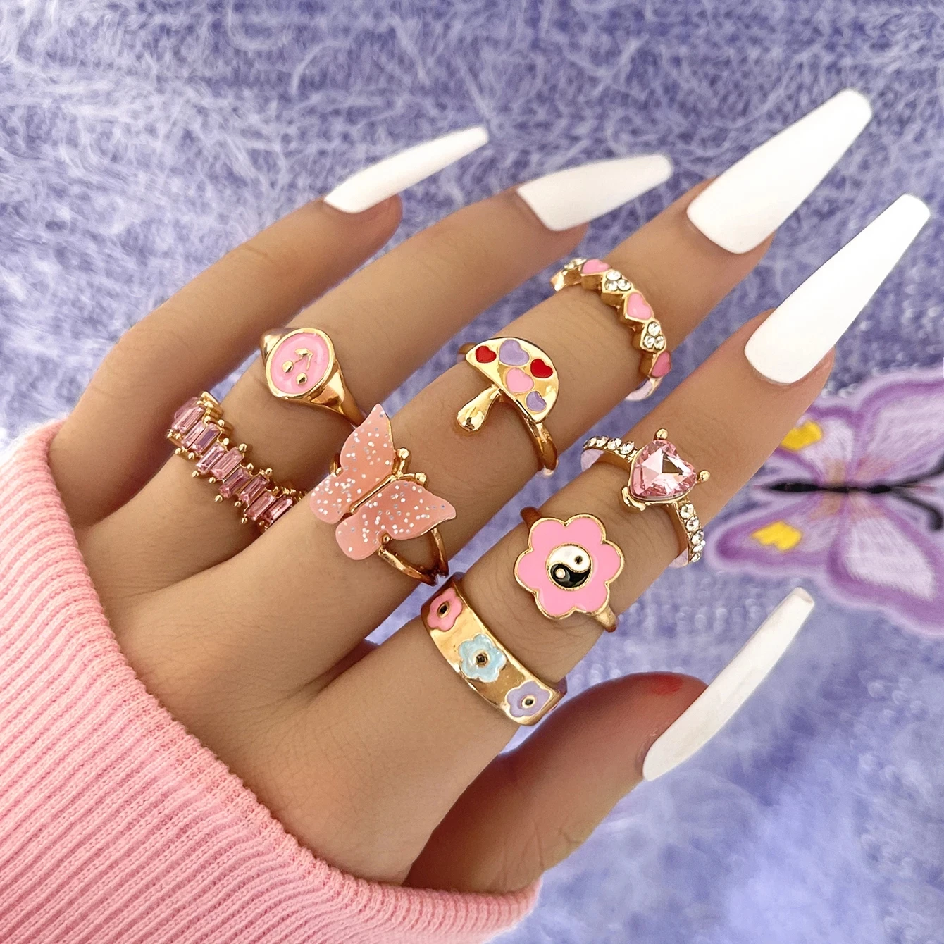 8 Pcs/Set Girly Temperament Style Pink Drop Oil Tai Chi Flower Butterfly Mushroom Zircon Ring Women Five-Finger Ornament Jewelry 
8 Pcs/Set Girly Temperament Style Pink Drop Oil Tai Chi Flower Butterfly Mushroom Zircon Ring Women Five-Finger Ornament Jewelry