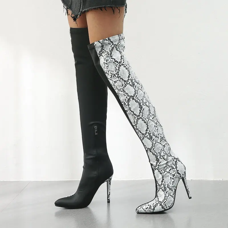 Nice Fashion Over The Knee Boots Women Black White Mixed Sanke Print Super High Heels Pointed Toe Zipper Autumn Winter Boots
Nice Fashion Over The Knee Boots Women Black White Mixed Sanke Print Super High Heels Pointed Toe Zipper Autumn Winter Boots