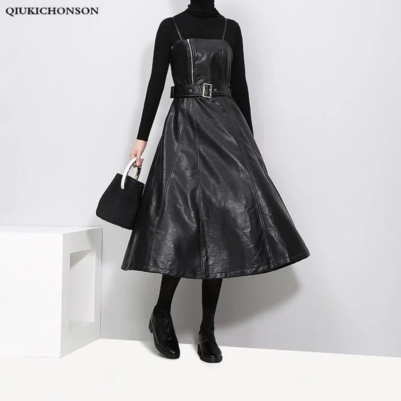 Винтажное черное платье Qiukichonson из искусственной кожи на весну и осень, Женская туника с высокой талией и поясом на молнии, платье на бретеля... 
Винтажное черное платье Qiukichonson из искусственной кожи на весну и осень, Женская туника с высокой талией и поясом на молнии, платье на бретеля...