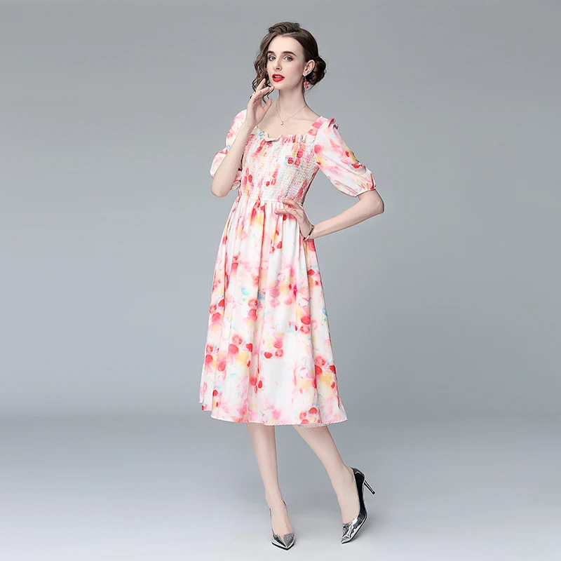 Merchall 2021 Runway Summer Elegant Off Shoulder Dress Women Ruffled Slash neck Elastic waist Floral Print Holiday Robe M61543