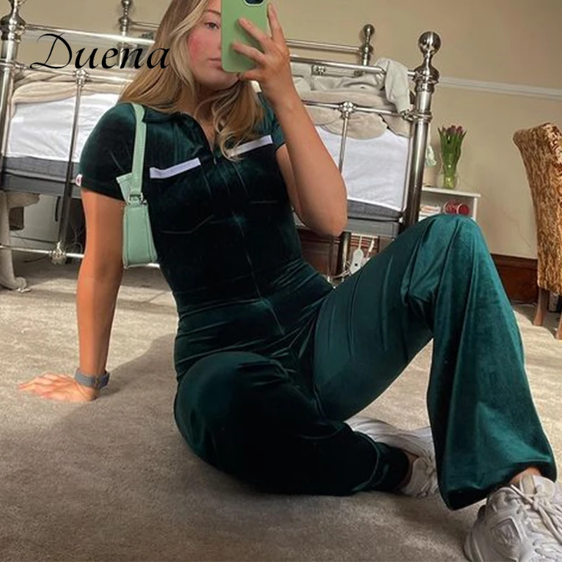Duena Zip Collar Long Jumpsuit Summer 2021 Short Sleeve Pockets Front Sexy Bodycon High Waist Velvet Women Overalls
Duena Zip Collar Long Jumpsuit Summer 2021 Short Sleeve Pockets Front Sexy Bodycon High Waist Velvet Women Overalls