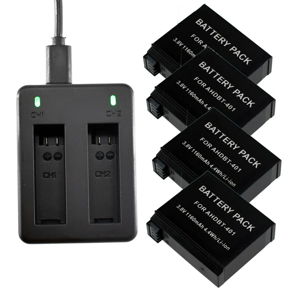 4 шт. 3 7 в 1600 мАч AHDBT-401 аккумулятор + зарядное устройство USB для GoPro HD HERO4 серебристые