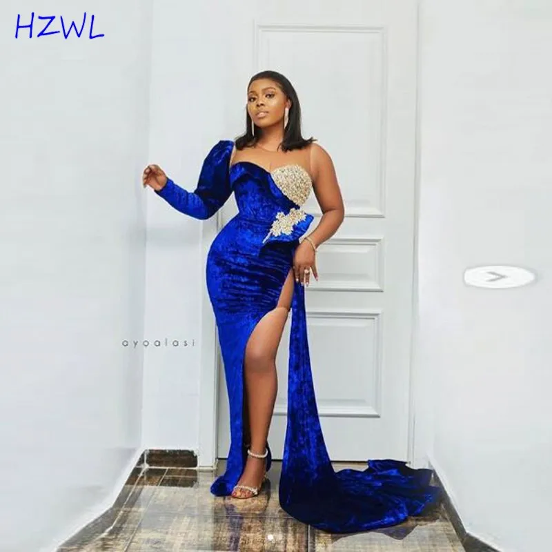 Royal Blue Aso Ebi Mermaid Prom Dresses 2021 Sheer Neck One Long Sleeve Velvet Evening Gowns High Split Formal Party Dress
Royal Blue Aso Ebi Mermaid Prom Dresses 2021 Sheer Neck One Long Sleeve Velvet Evening Gowns High Split Formal Party Dress