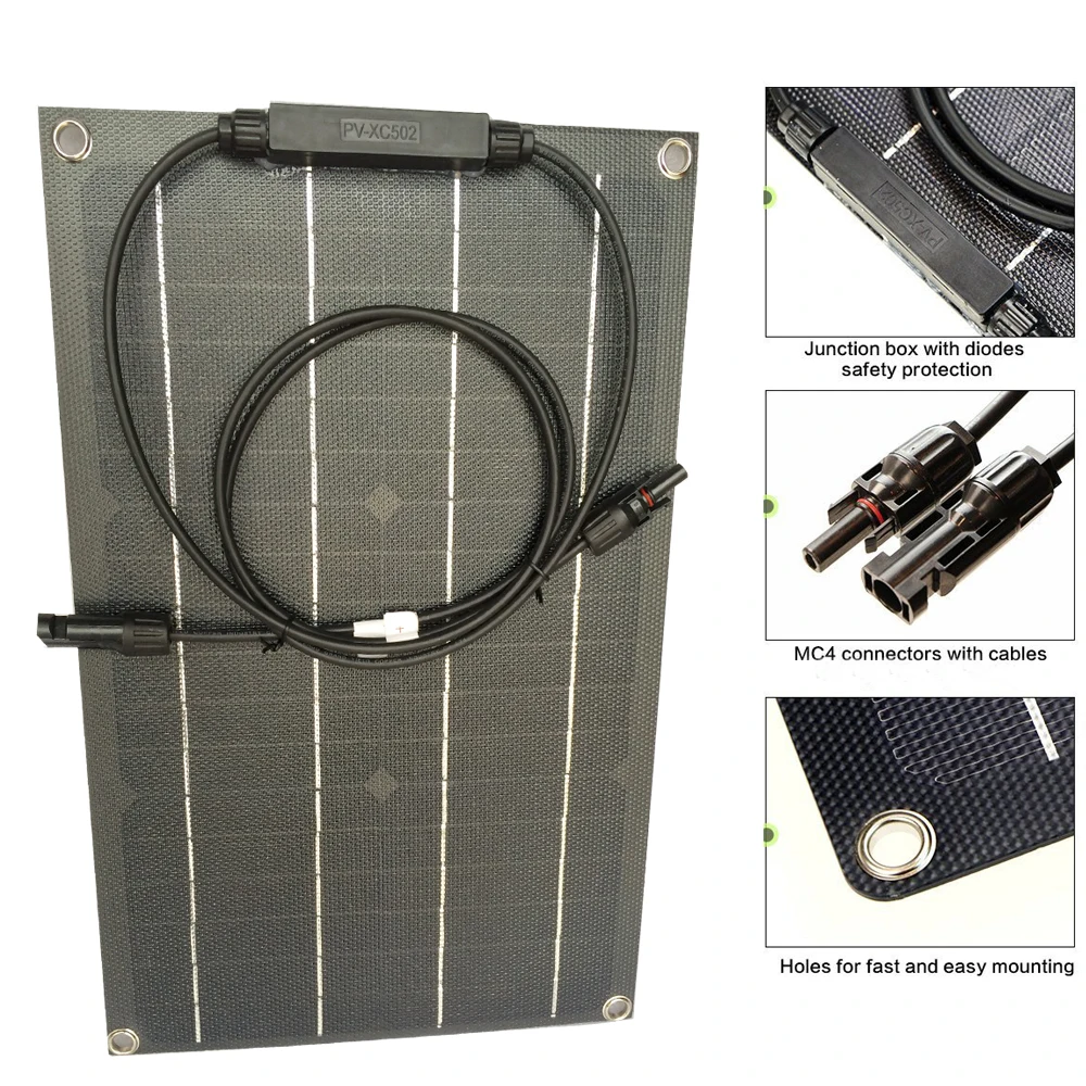 Black 20w ETFE semi-flexible solar panel to charge 12v battery 
Black 20w ETFE semi-flexible solar panel to charge 12v battery