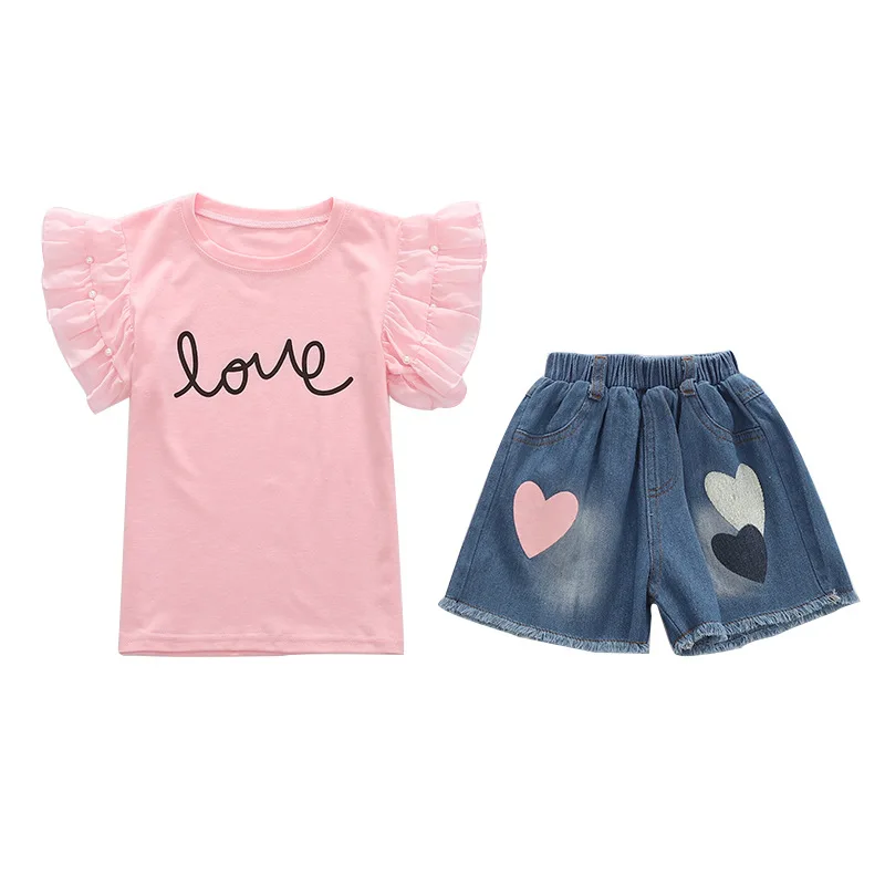 Children's girls summer clothing suit kids clothes two piece set for girl petal sleeve T-Shirt & denim shorts sets 3-13 years
Children's girls summer clothing suit kids clothes two piece set for girl petal sleeve T-Shirt & denim shorts sets 3-13 years