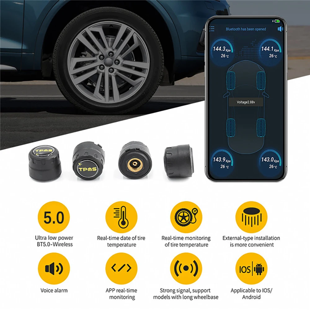 Car TPMS Bluetooth 5.0 Tyre Pressure Monitoring System Car Truck Real Time Tire Pressure External 4 Sensors Android/iOS Phones
Car TPMS Bluetooth 5.0 Tyre Pressure Monitoring System Car Truck Real Time Tire Pressure External 4 Sensors Android/iOS Phones