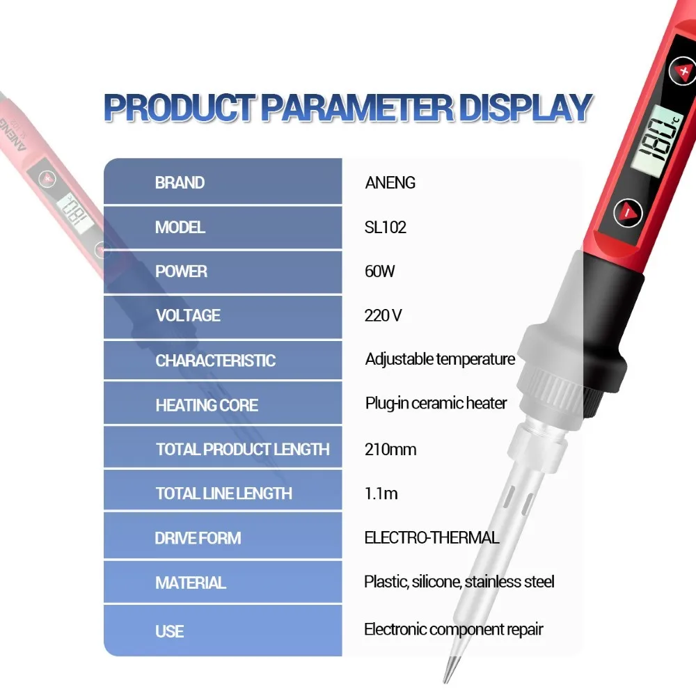 SL102 60W Digital Electric Soldering Iron Temperature Adjustable Welding Tool Electrocautery Heater Soldering Tip Tool parts
SL102 60W Digital Electric Soldering Iron Temperature Adjustable Welding Tool Electrocautery Heater Soldering Tip Tool parts