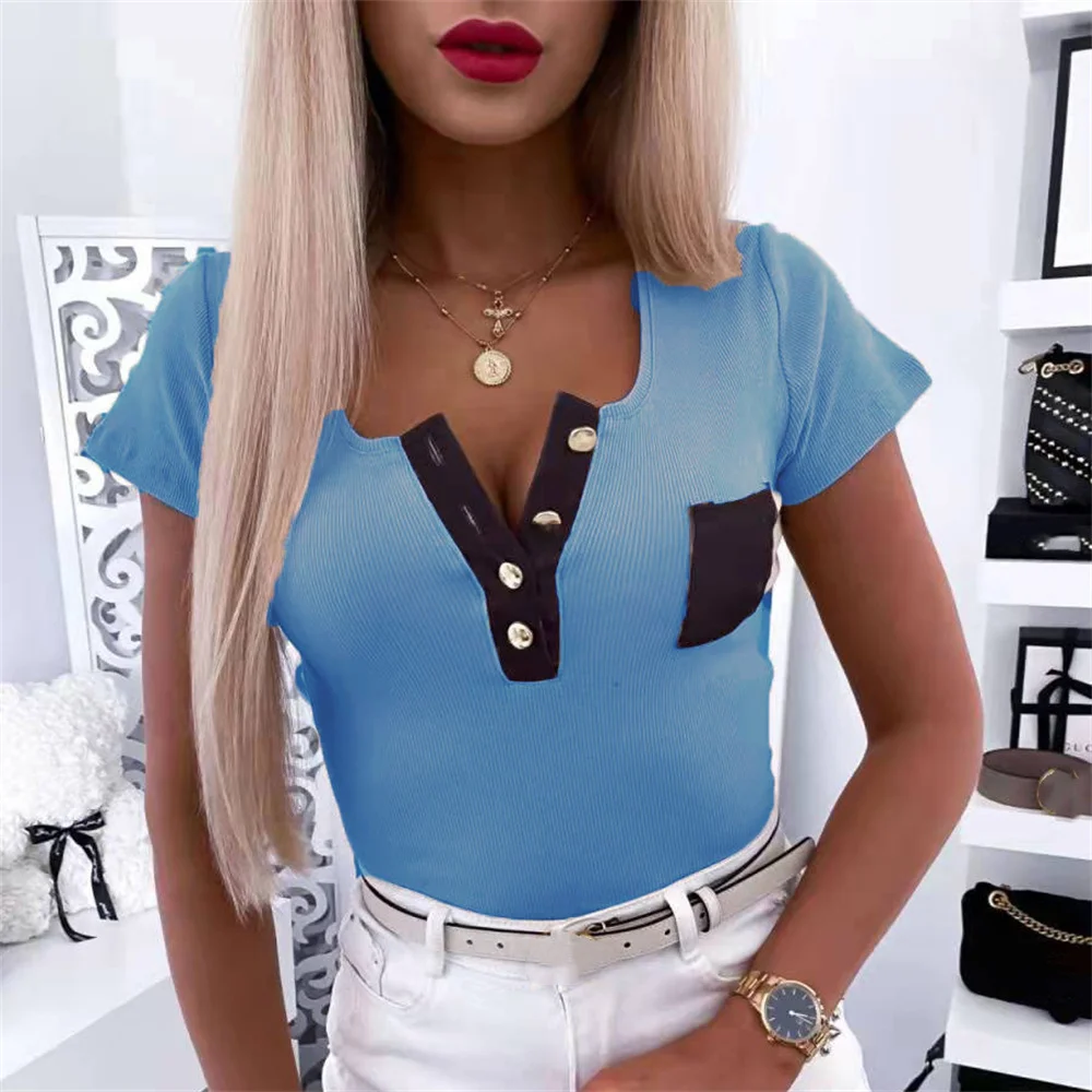 2022 Women Short Sleeve Button V-Neck T-Shirt Top Summer New Patchwork Solid Slim Casual Tee Pullover Ladies Elegant Streetwear
2022 Women Short Sleeve Button V-Neck T-Shirt Top Summer New Patchwork Solid Slim Casual Tee Pullover Ladies Elegant Streetwear