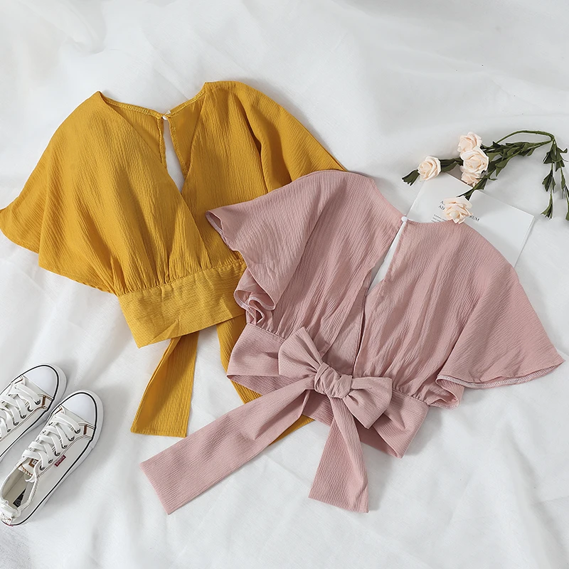 Женская Свободная блузка с V-образным вырезом и бантом
Женская Свободная блузка с V-образным вырезом и бантом