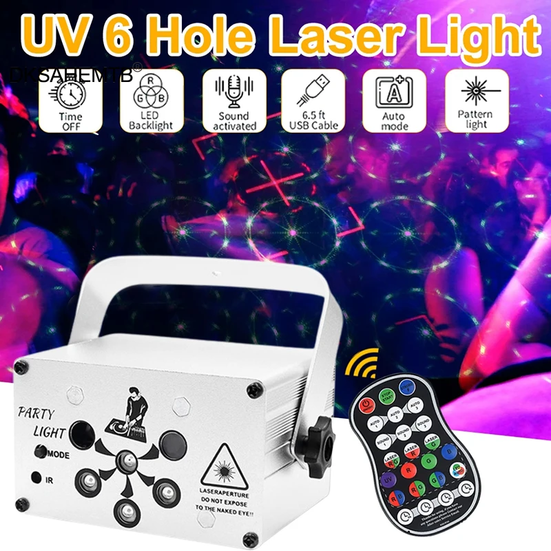 Outdoor Mini Party Light 6 Hole UV Disco RGB Projector Light LED Strobe Light with Remote Control for Home Bar Show MJ
Outdoor Mini Party Light 6 Hole UV Disco RGB Projector Light LED Strobe Light with Remote Control for Home Bar Show MJ