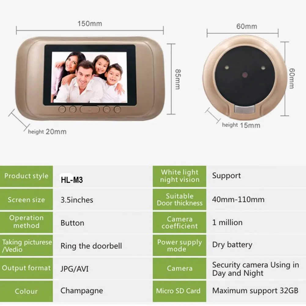 3.5 inch Color LCD Digital Doorbell Peephole Camera Touch Button 145 Degree Wide Angle Lens PIR Motion Detection Night Vision
3.5 inch Color LCD Digital Doorbell Peephole Camera Touch Button 145 Degree Wide Angle Lens PIR Motion Detection Night Vision