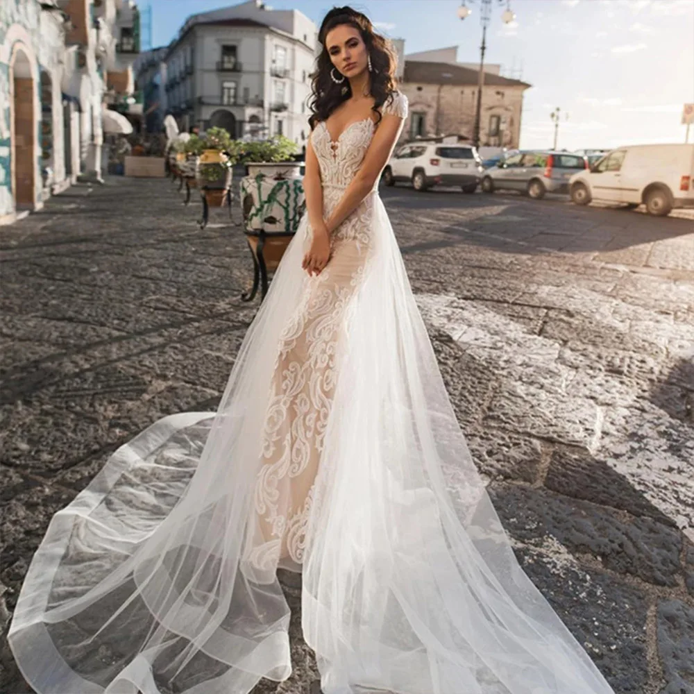 Luxury Mermaid Wedding Dresses Sleeveless Tassel Detachable Train 2 In 1 Lace Applique Wedding Gowns V-neck Backless Custom
Luxury Mermaid Wedding Dresses Sleeveless Tassel Detachable Train 2 In 1 Lace Applique Wedding Gowns V-neck Backless Custom
