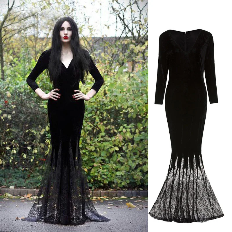 Adult Women Gothic Halloween Morticia Addams Ghost Witch Costume Horror Black Floor Lace Dress Gown Robe Dress Purim Carnival
Adult Women Gothic Halloween Morticia Addams Ghost Witch Costume Horror Black Floor Lace Dress Gown Robe Dress Purim Carnival