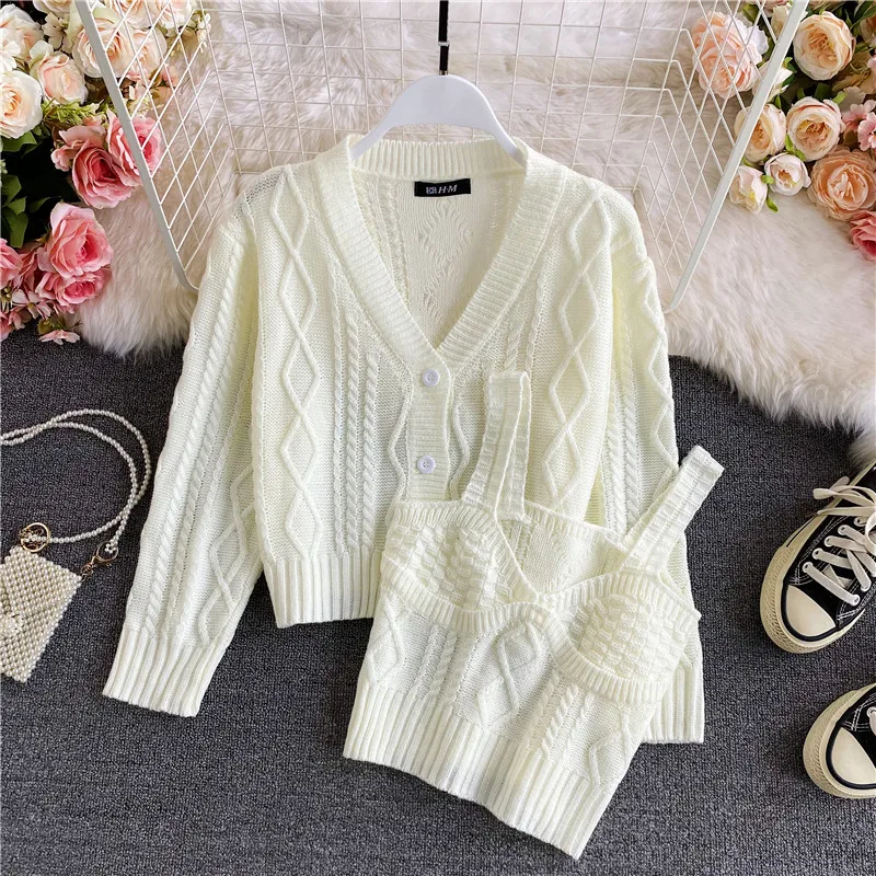 casual women two piece set solid v-neck long sleeve knitted cropped cardigan sweater jacket and camis top clothing sets
casual women two piece set solid v-neck long sleeve knitted cropped cardigan sweater jacket and camis top clothing sets