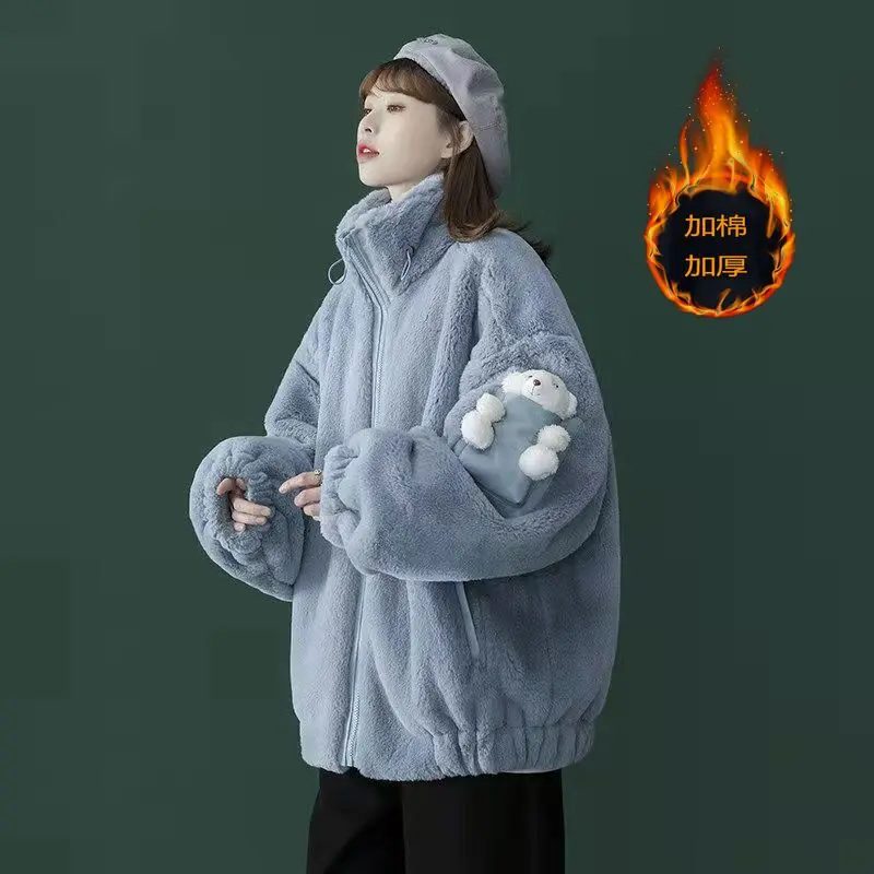 

Кавайная хлопковая куртка с медведем, женское однотонное пальто из овечьей шерсти, новинка зимы 2021, корейская мода, повседневное плотное те...