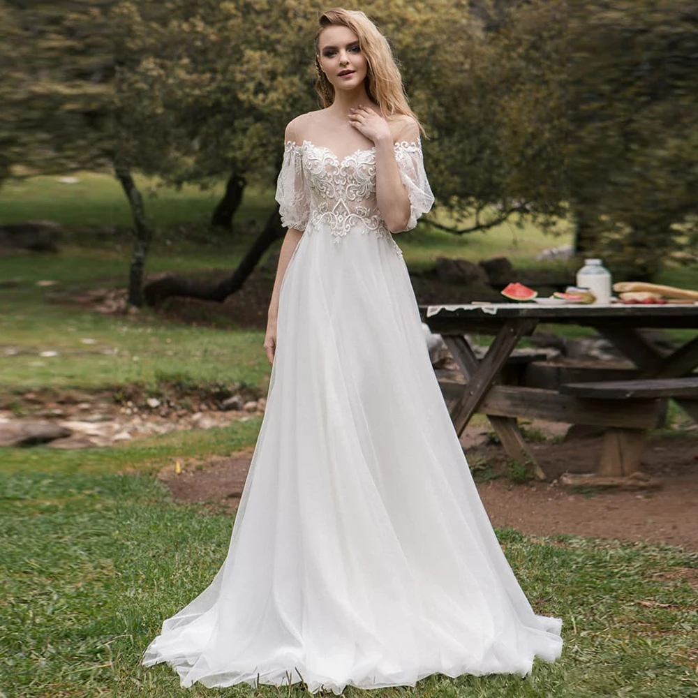 Vestidos Элегантные Свадебные платья из шифона с аппликацией «Лодочка» Половина рукава на шнуровке А-силуэт развертки поезд
Vestidos Элегантные Свадебные платья из шифона с аппликацией «Лодочка» Половина рукава на шнуровке А-силуэт развертки поезд