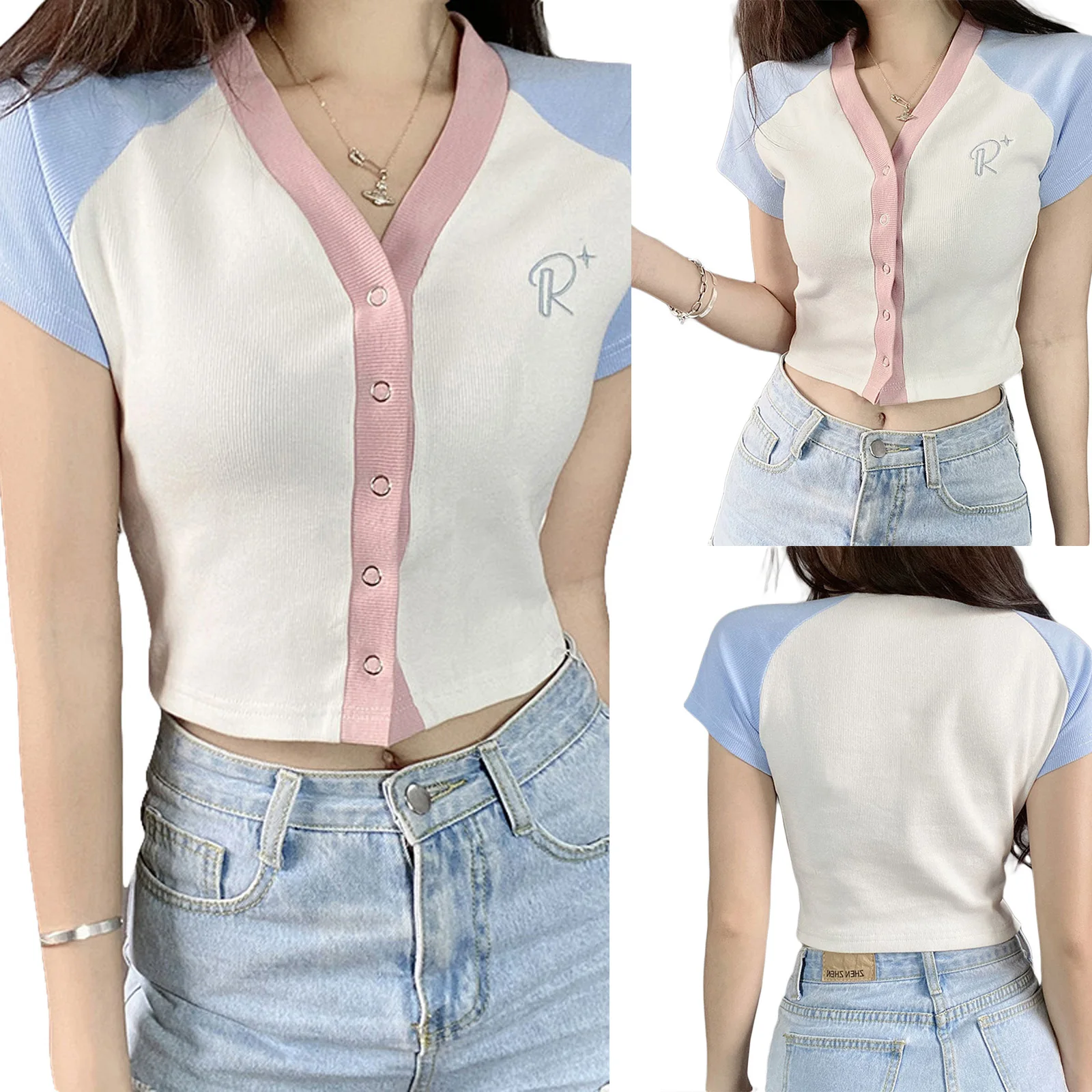 2021 New Women’s Casual Short Sleeve Knitted Cardigan Fashion Contrast Color V-neck Exposed Navel T-shirt
2021 New Women’s Casual Short Sleeve Knitted Cardigan Fashion Contrast Color V-neck Exposed Navel T-shirt