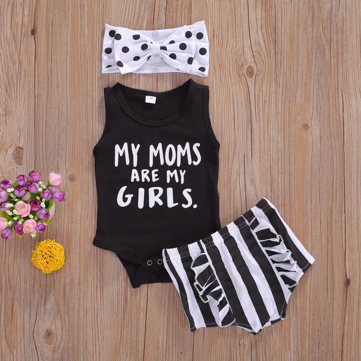 3 Pcs Infant Summer Outfits Toddler Sleeveless Round Neck Letter Romper Striped Ruffle Shorts Polka Dot Bow Headband 0-18
3 Pcs Infant Summer Outfits Toddler Sleeveless Round Neck Letter Romper Striped Ruffle Shorts Polka Dot Bow Headband 0-18