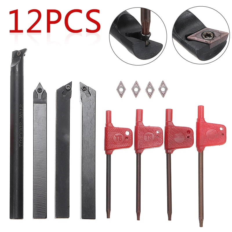 4Pcs 10mm Shank Lathe Turning Tool Holder Boring Bar + 4Pcs DCMT0702 Carbide Inserts & Wrenches For CNC Lathe Cutter
4Pcs 10mm Shank Lathe Turning Tool Holder Boring Bar + 4Pcs DCMT0702 Carbide Inserts & Wrenches For CNC Lathe Cutter