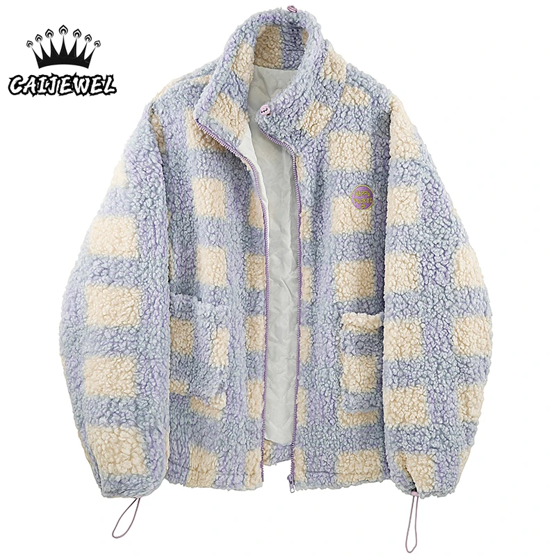 Women Lamb Plush Jackets Winter Overcoat Streetwear Plaid Purple Baggy Thick Warm Female TOP Zipper Cotton Padded Coat Outerwear
Women Lamb Plush Jackets Winter Overcoat Streetwear Plaid Purple Baggy Thick Warm Female TOP Zipper Cotton Padded Coat Outerwear