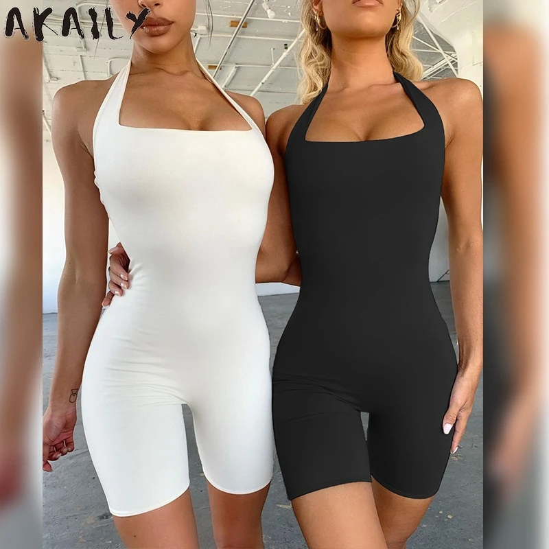 Akaily Streetwear White Sleeveless Halter Jumpsuit Women Solid Backless Romper Female Summer Black Bodycon Rompers Playsuit 2021
Akaily Streetwear White Sleeveless Halter Jumpsuit Women Solid Backless Romper Female Summer Black Bodycon Rompers Playsuit 2021
