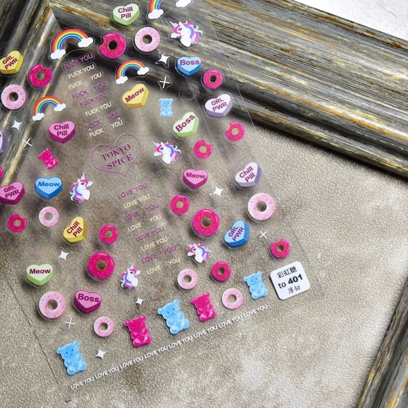 2021 New Cartoon Cute 3D Nail Art Sticker Lovely Bear Rainbow Candy Heart Doughnut 5D Relief Nails Stickers Decorations Manicure
2021 New Cartoon Cute 3D Nail Art Sticker Lovely Bear Rainbow Candy Heart Doughnut 5D Relief Nails Stickers Decorations Manicure
