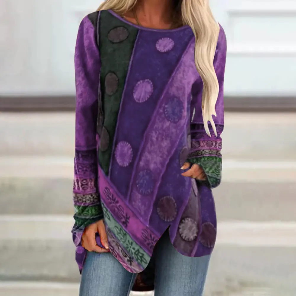 2021 New Women Plus Sizes Loose Printed T shirt Vintage Female Elegant Irregular Long-Sleeved Pullover Casual lady Travel Tops 
2021 New Women Plus Sizes Loose Printed T shirt Vintage Female Elegant Irregular Long-Sleeved Pullover Casual lady Travel Tops