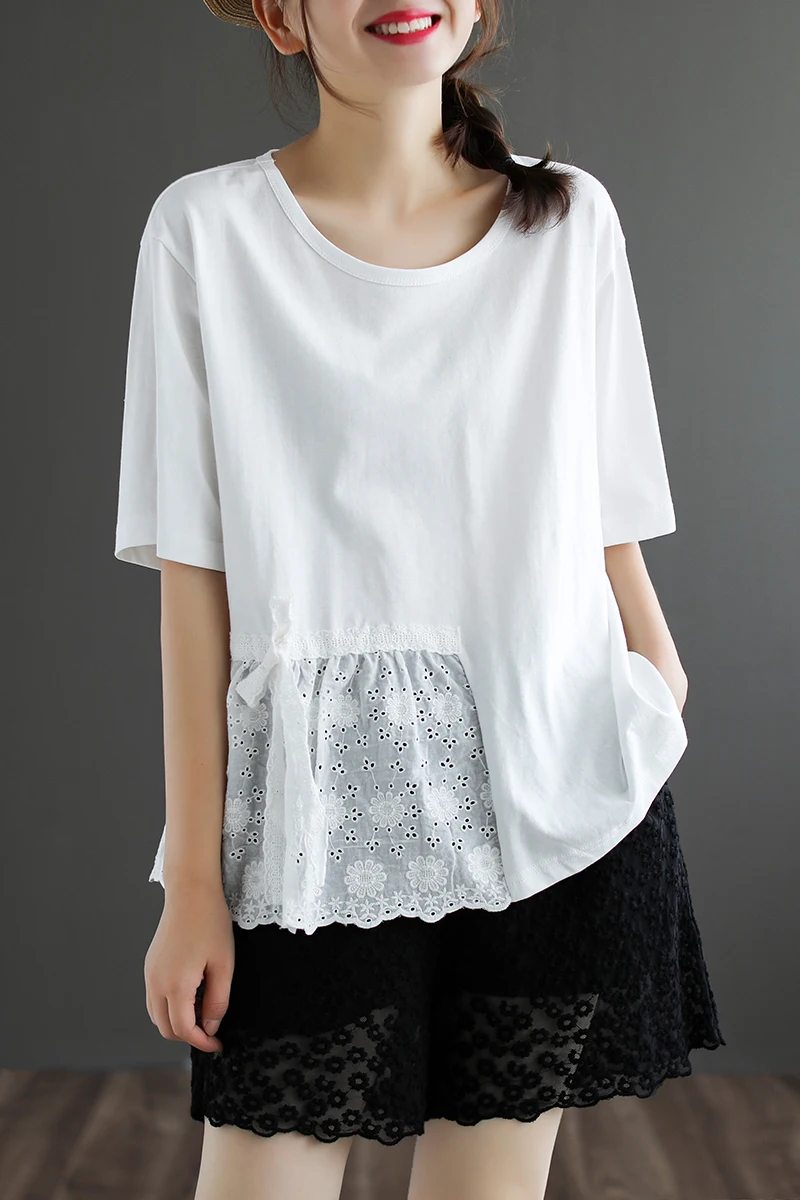 new summer O neck short sleeve T-shirt women splicing hollow loose casual tops
new summer O neck short sleeve T-shirt women splicing hollow loose casual tops