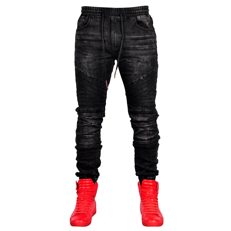 Men's Pure Colors jeans Pants Moto Biker Jeans Slim Men Jogging Movement Skinny High Elastic Pencil Drawstring Long | Мужская одежда