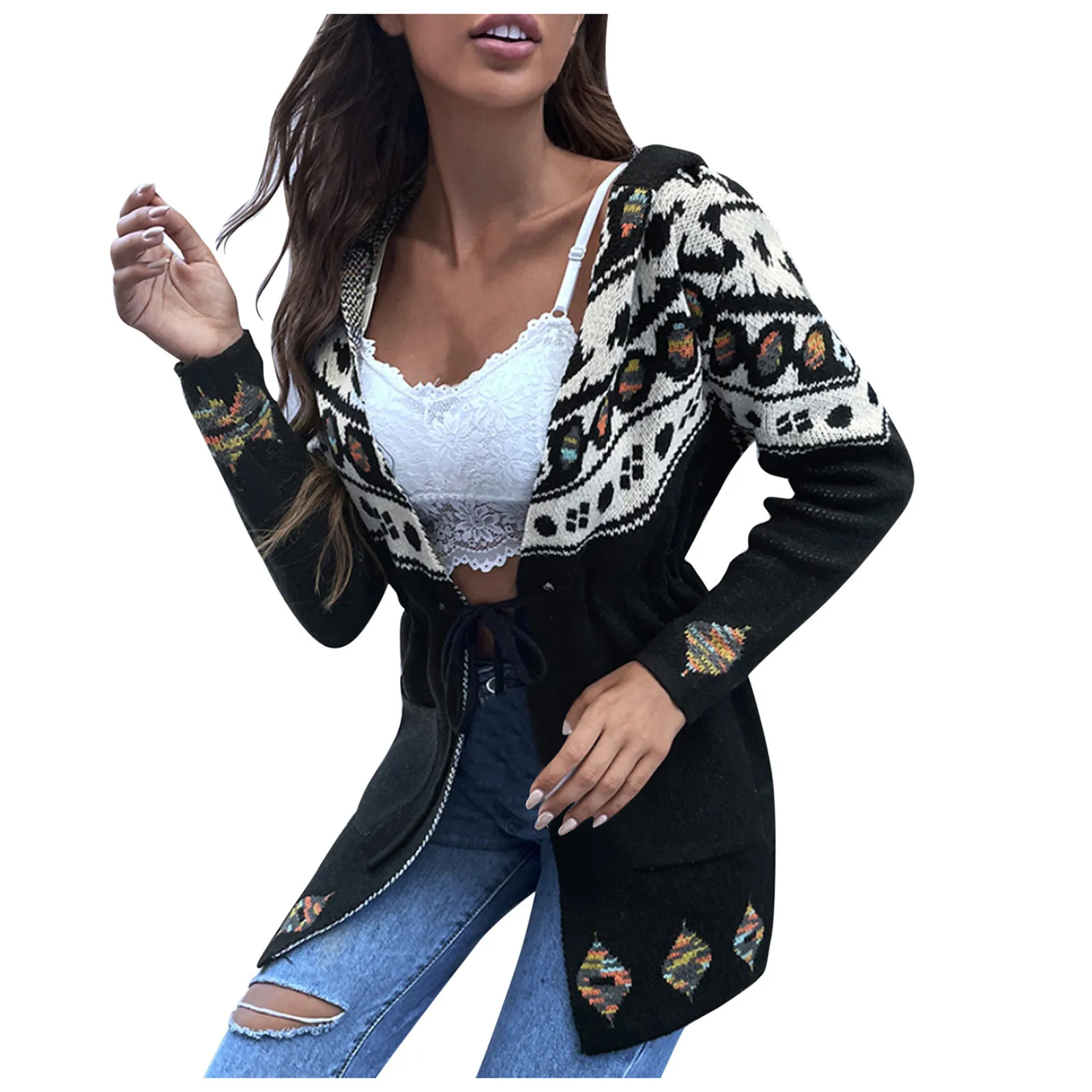 Women'S Autumn And Winter Classic Striped Printed Retro Ethnic Cardigan Sweaters Casual Relaxed Cardigan Hooded Jacket Coat 
Women'S Autumn And Winter Classic Striped Printed Retro Ethnic Cardigan Sweaters Casual Relaxed Cardigan Hooded Jacket Coat