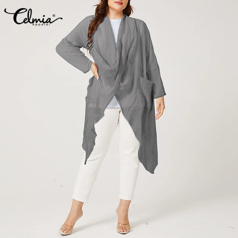 

Plus Size Women 2022 Autumn Long Blouses Celmia Cowl Neck Asymmetrical Tops Long Sleeve Solid Shirts Casual Loose Blusas Tunic