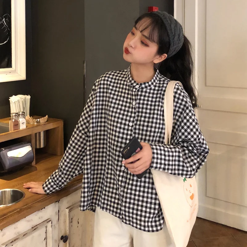 New Autumn Korean Shirts Women's Harajuku Stand Collar Batwing Sleeve White Black Plaid Loose Blouses Casual Tops for Student
New Autumn Korean Shirts Women's Harajuku Stand Collar Batwing Sleeve White Black Plaid Loose Blouses Casual Tops for Student