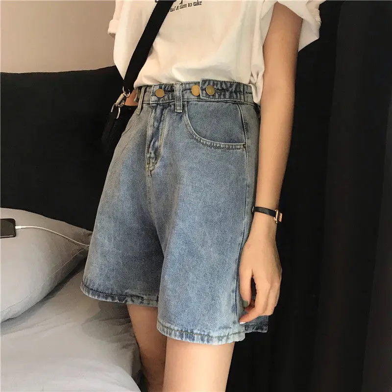 

Female 2023 Summer High Waisted Blue Wide Leg Women's Denim Shorts Classic Vintage Casual Ladies Short Jeans for Women Y777