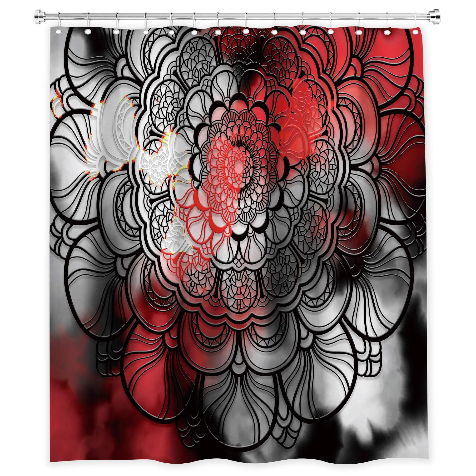 

Black Red Marble Shower Curtain Mandala Floral Flower 60Wx72L Inch Abstract Mystic Modern Art 12 Pack Hooks Polyester Waterproof