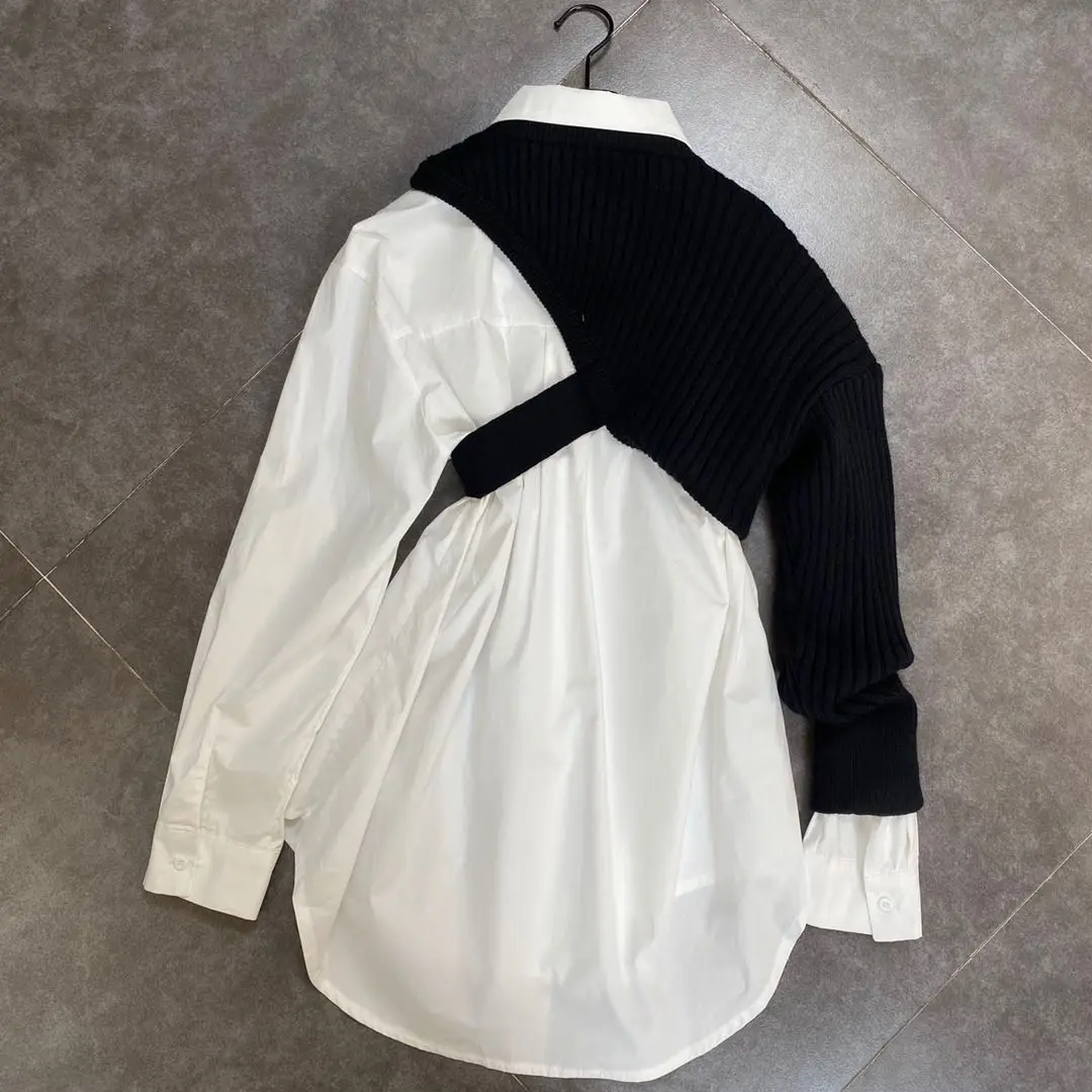 2021 Spring New Arrivals Long Sleeve Turn Down Collar Shirt Single Sleeve Knitted Short Top Two Piece Set Women
2021 Spring New Arrivals Long Sleeve Turn Down Collar Shirt Single Sleeve Knitted Short Top Two Piece Set Women