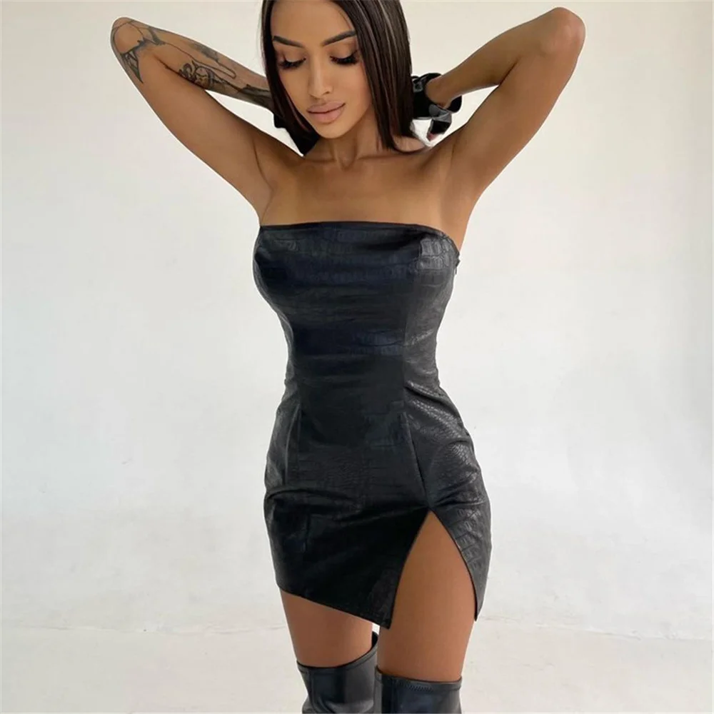 Women PU Leather Split Hem Dress Sexy Sleeveless Strapless Solid Color Bodycon Mini Dress Summer Spring Female Clothing Black
Women PU Leather Split Hem Dress Sexy Sleeveless Strapless Solid Color Bodycon Mini Dress Summer Spring Female Clothing Black