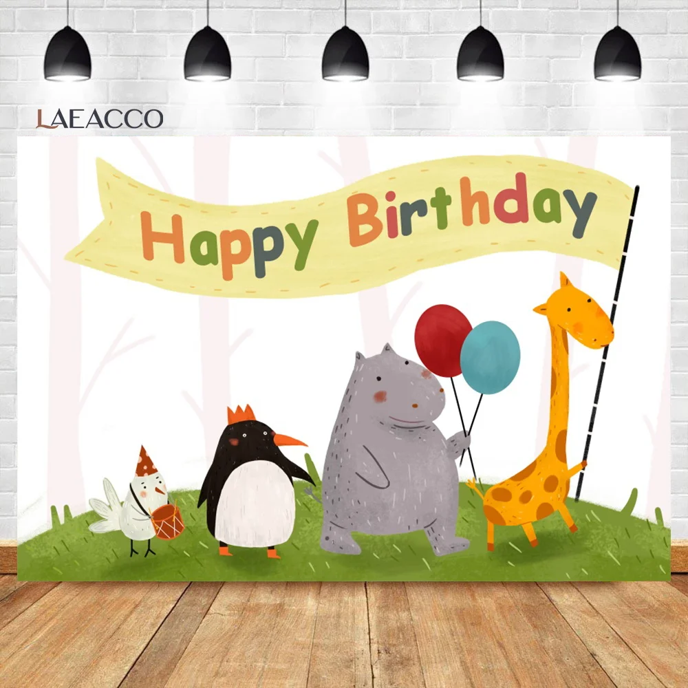 

Laeacco Baby Birthday Photocall Backdrops Jungle Safari Party Cartoon Wild Animals Newborn Customized Photography Backgrounds