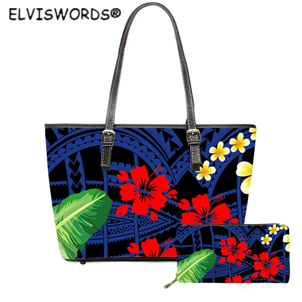 

ELVISWORDS полинезийский гибискус и франшипани брендовый дизайн 2 шт./компл. большая женская сумка через плечо Роскошная Дамская большая PU сумка