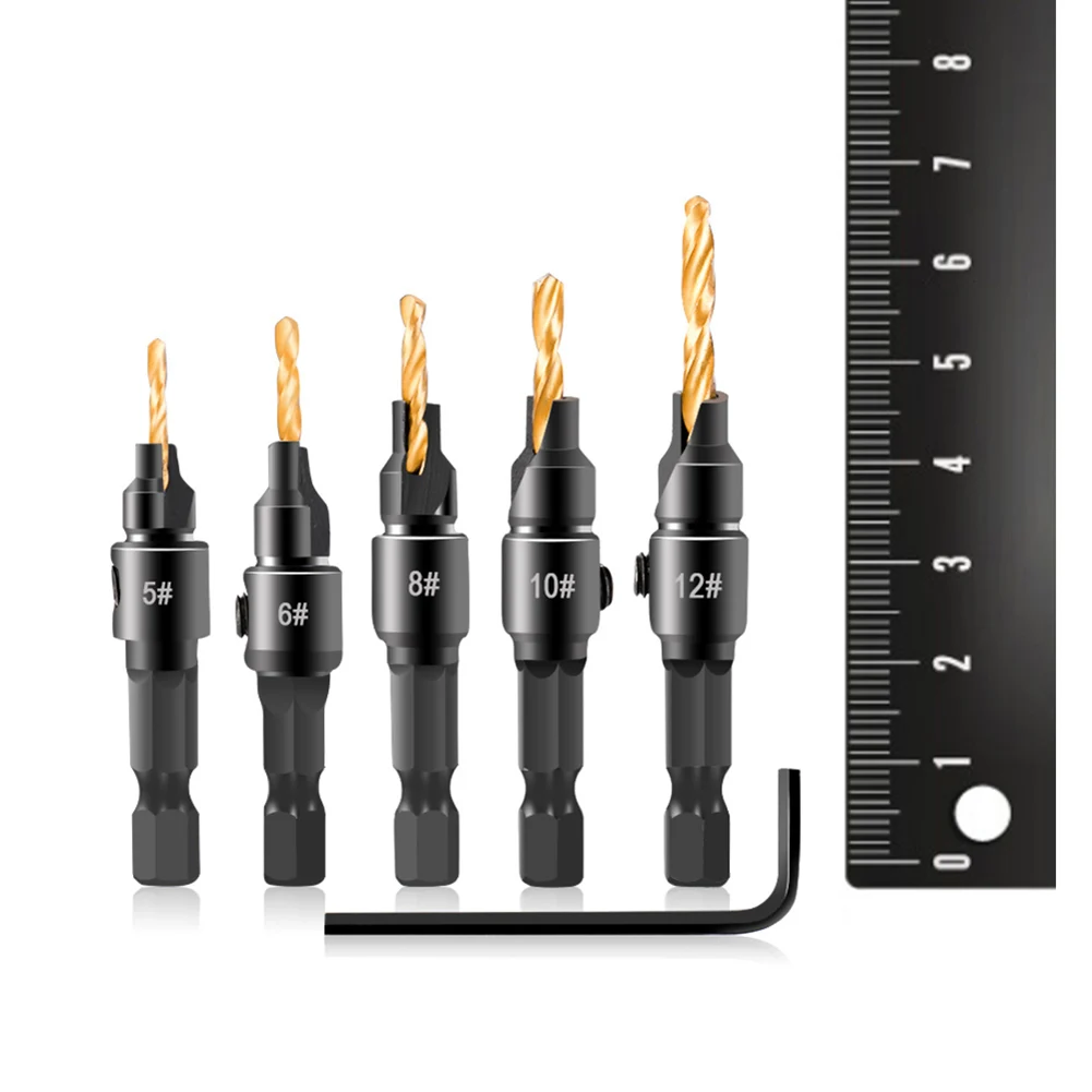 6pcs Woodworking Countersink Drill Bit High Carbon Steel Titanium Plated Chamfering Hex Shank Drill Bit with L-shape Wrench
6pcs Woodworking Countersink Drill Bit High Carbon Steel Titanium Plated Chamfering Hex Shank Drill Bit with L-shape Wrench